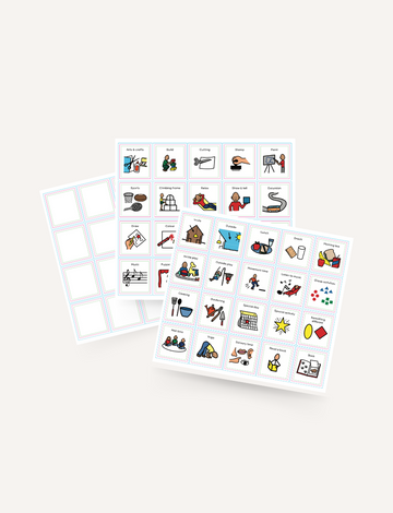 The Kinder Routine Magnet Set by Sensory Play Australia includes three sheets of illustrated activity cards that display images and text depicting actions like playing, eating, and exercising. Additionally, there's a blank template for creating extra cards.