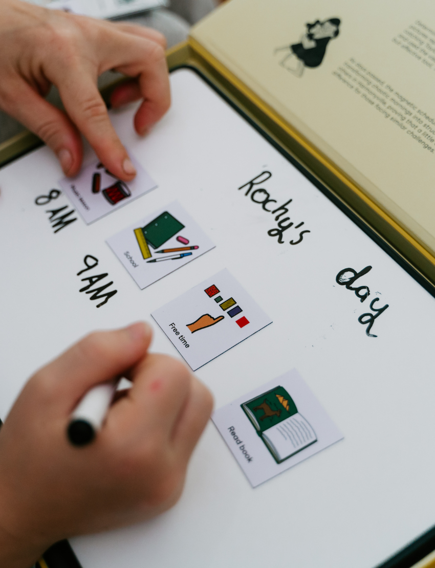 Image features Kinder Routine Magnets by Sensory Play Australia: two laminated sheets with colorful icons and words like "Outside," "Lunch," and "Story time." Two small classroom magnet cards enhance the structured learning atmosphere, fostering student engagement.