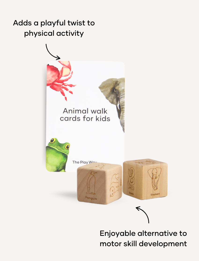 The "Animal Walk Card and Dice Set" by Sensory Play Australia provides a creative physical activity with illustrated cards showcasing animals such as a crab, elephant, and frog. The set includes two wooden dice featuring animal illustrations labeled "Penguin" and "Elephant," designed to help children develop their gross motor skills.