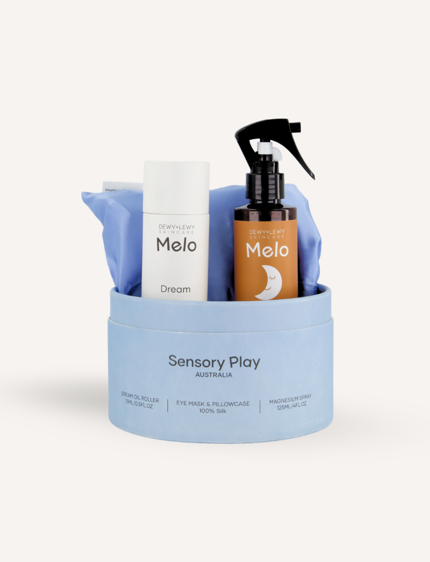 Sensory Play Australia Sleep Set in blue box, with Melo Dream oil, magnesium spray, and silk eye mask for calming routines.