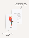 Sensory Play Australia Animal Walk Cards, showing a 'Bird' card with movements that contribute to core strength development and enhance cognitive skills.