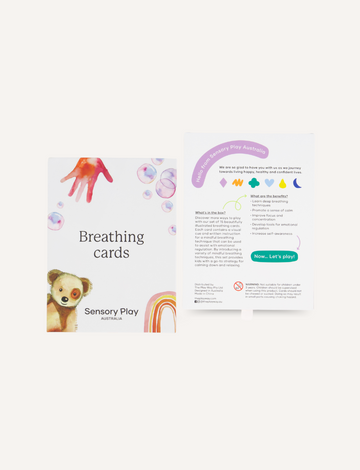 An image showing the front and back of a "Breathing Cards Set in Box" by Sensory Play Australia. The front features a teddy bear and colorful illustrations, while the back provides instructions on mindful breathing and details about how these cards can help with self-regulation skills.