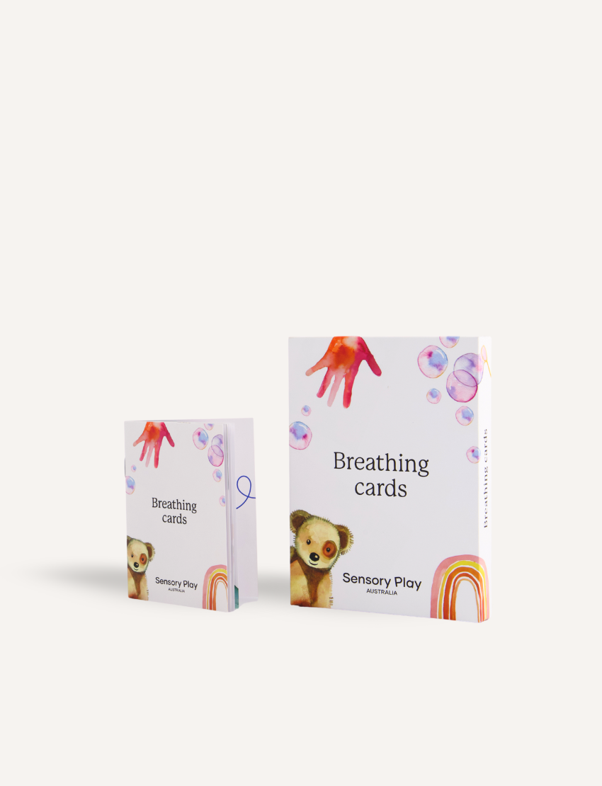 Sensory Play Australia Breathing Cards, two white boxes featuring teddy bear, rainbow, and bubbles illustrations to teach kids mindfulness techniques.