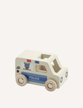 The Moover Mini Emergency Cars are simple wooden ambulances with white wheels, a red cross on the side, and 