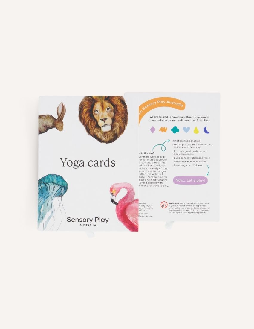 Introducing the "Yoga Cards Set in Box (SPA)" from Sensory Play Australia. The cover features delightful illustrations of a lion, kangaroo, jellyfish, and flamingo. Perfect for introducing mindfulness to kids, this set provides instructions, benefits, and colorful icons on the back of each card.