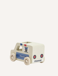 The Moover Mini Emergency Cars are simple wooden ambulances with white wheels, a red cross on the side, and 