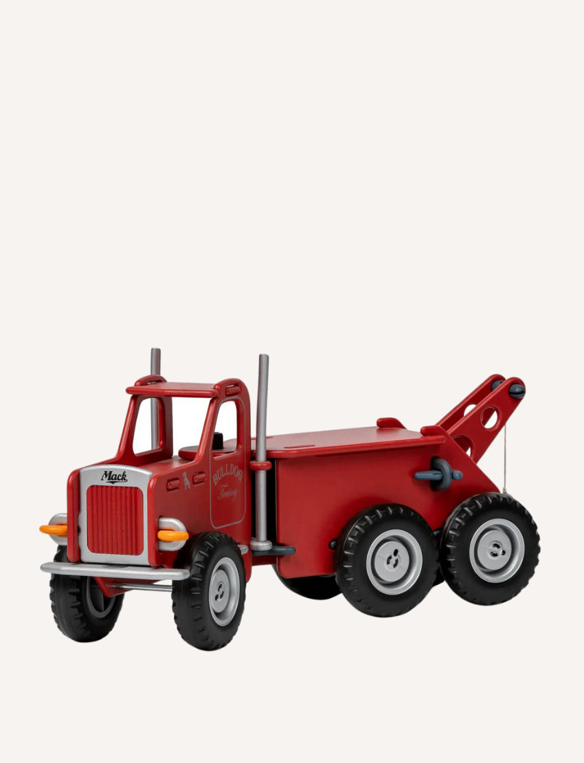 Red wooden toy tow truck with 'BULLDOG Towing' text and a tow hook, from a side angle.