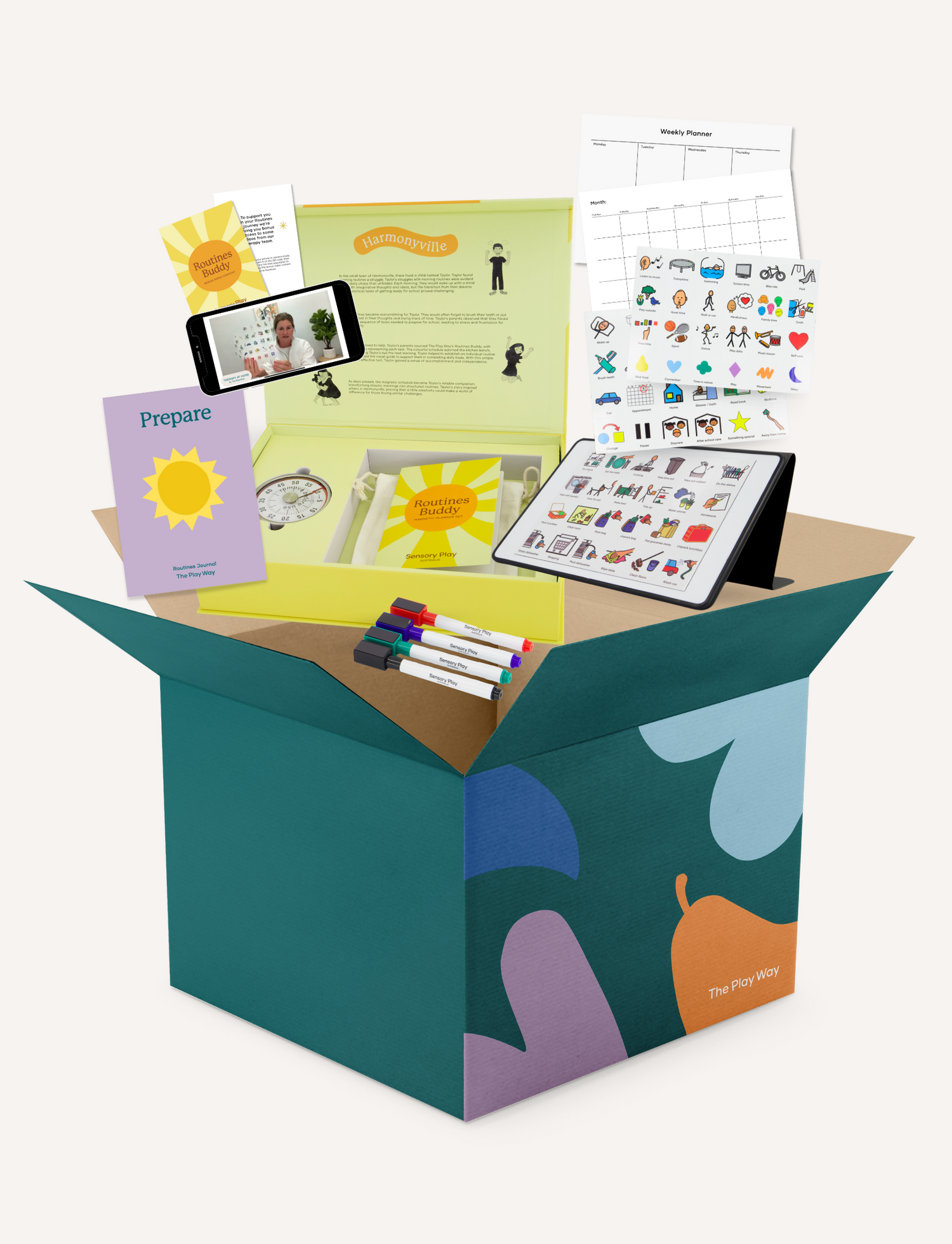 The complete Routines Buddy toolkit by The Play Way displayed coming out of a box, showing the visual schedule, planner, parent journal, and expert video content for establishing family routines.