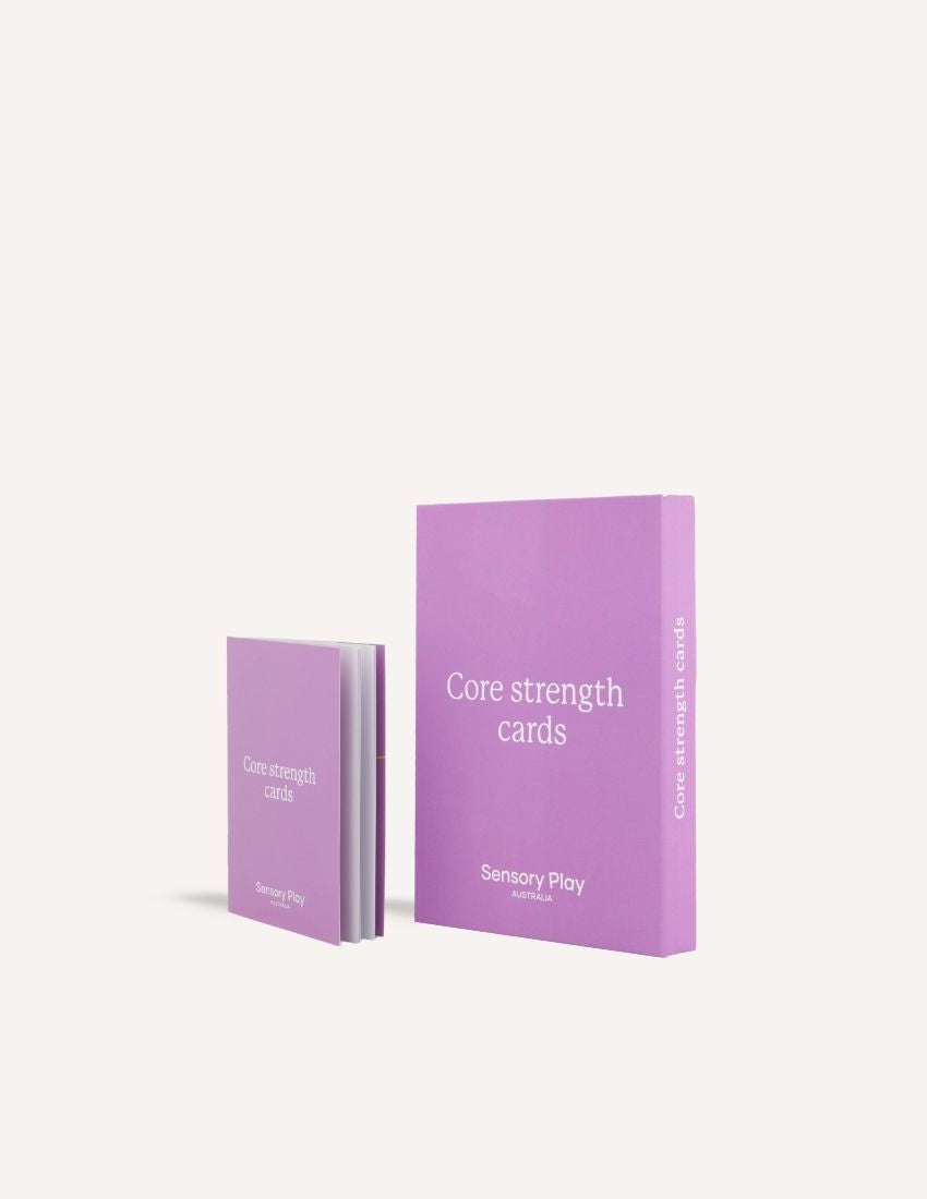 Sensory Play Australia Core Strength Cards in two purple boxes, one open, displaying engaging exercises like planking that boost child muscle strength, balance, and posture.