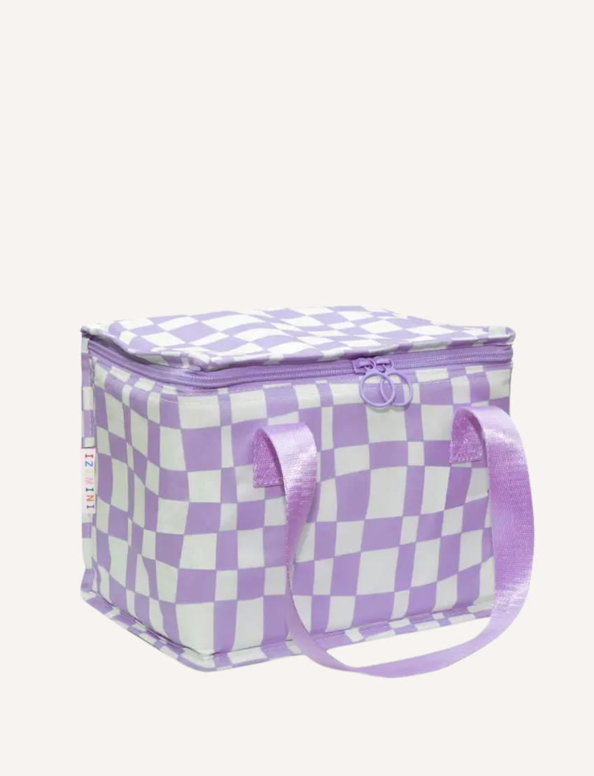 Purple and white checkered lunch cooler bag with purple handles.