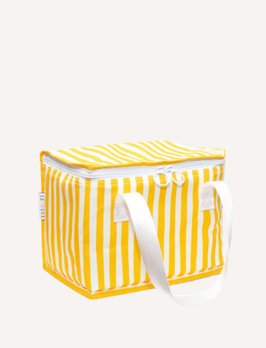 The IZIMINI Lunch Bag is a rectangular, eco-friendly option with yellow and white vertical stripes. This BPA-free design includes a top zipper and white handles for easy carrying.