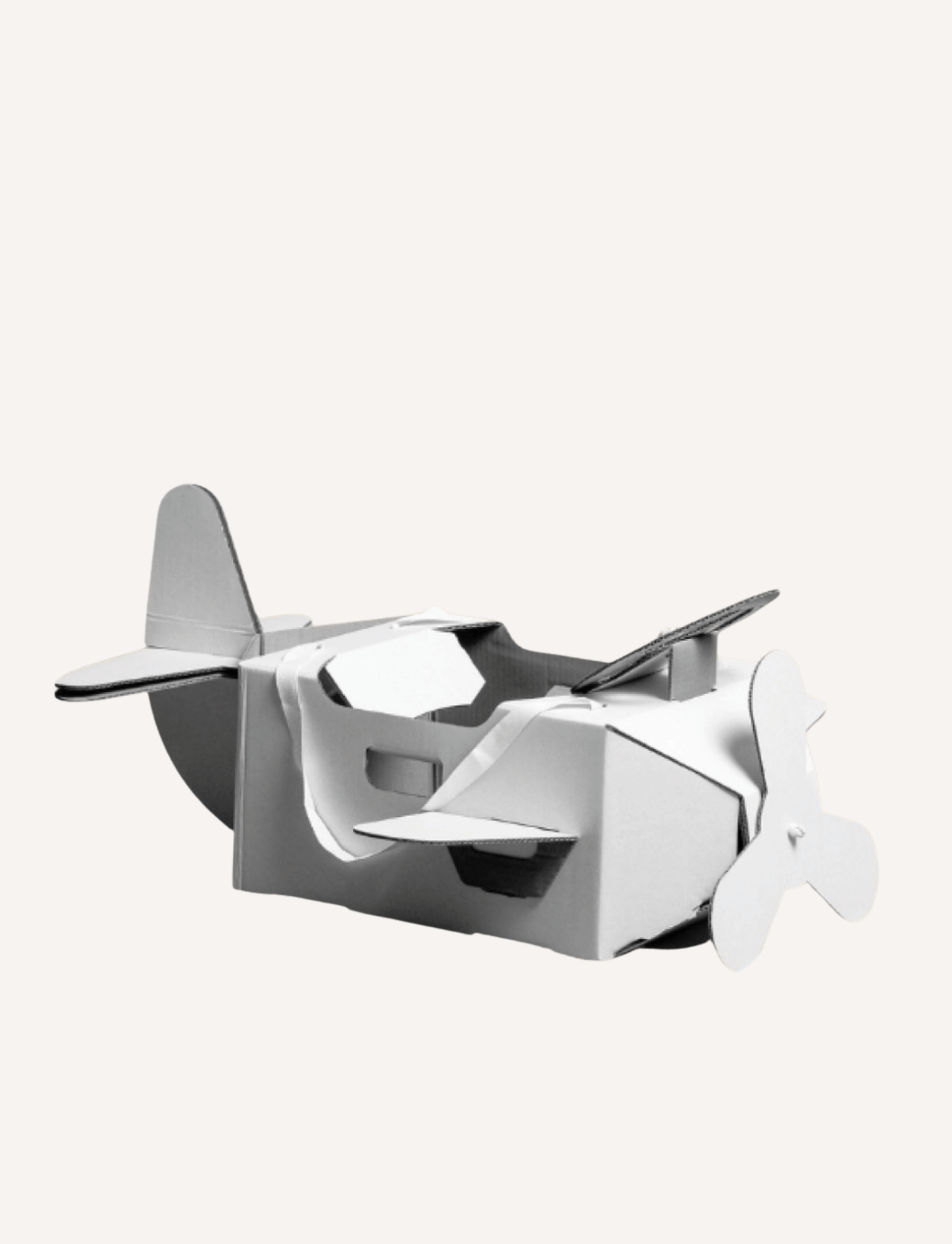 Cardboard jet plane costume for kids, detailed with propeller and cockpit.