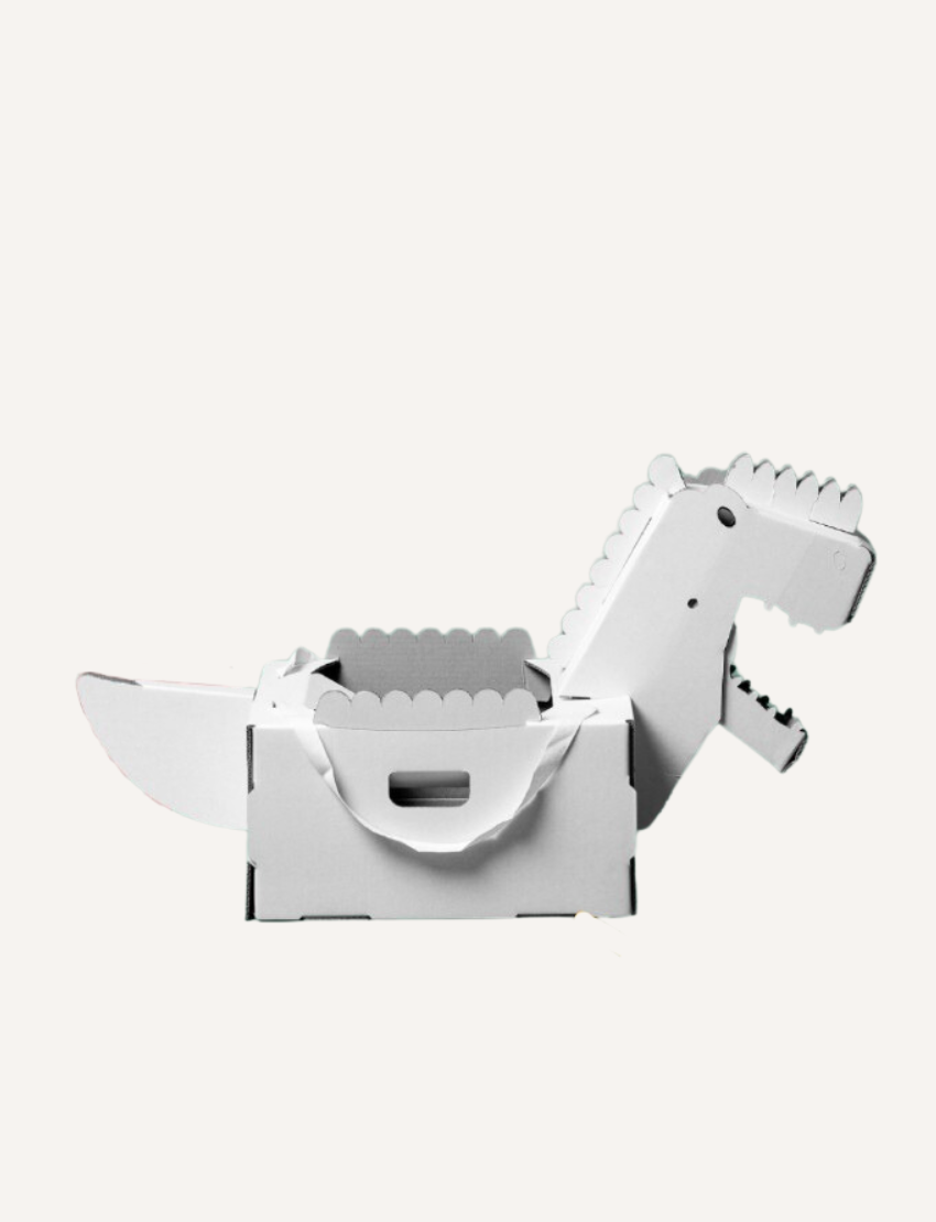 White cardboard dinosaur costume, unassembled or ready for decoration, with a roaring mouth.