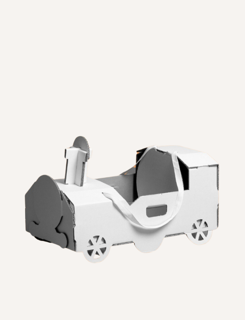 The Play Way DIY cardboard train costume, a fun and creative dress-up outfit for kids' imaginative adventures.