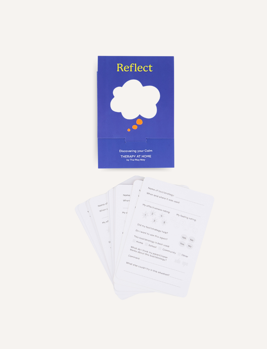 A Reflection Card Set - Discovering Your Calm by Sensory Play Australia, featuring a purple booklet titled "Reflect" with a cloud and three dots on the cover, is positioned above a spread of white cards with text. The set seems to include prompts and instructions related to emotional regulation consistent with the booklet's theme.