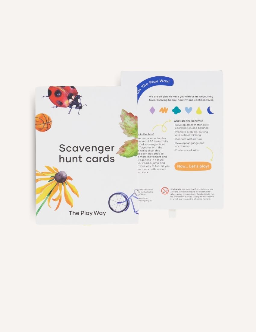 Two cards from the "Scavenger Hunt Cards Set in Box (SPA)" by Sensory Play Australia. The front card displays drawings of a flower, leaf, basketball, and bicycle wheel. The back card is partially visible, showing instructions and icons in various colors designed to promote gross motor skills and physical activity.