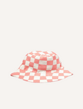 The IZIMINI Cotton Baby Hat is a vibrant bucket hat with a floral print of pink, orange, blue, and green leaves on white. Perfect for outdoor adventures with its wide brim and rounded top, it offers stylish sun protection.