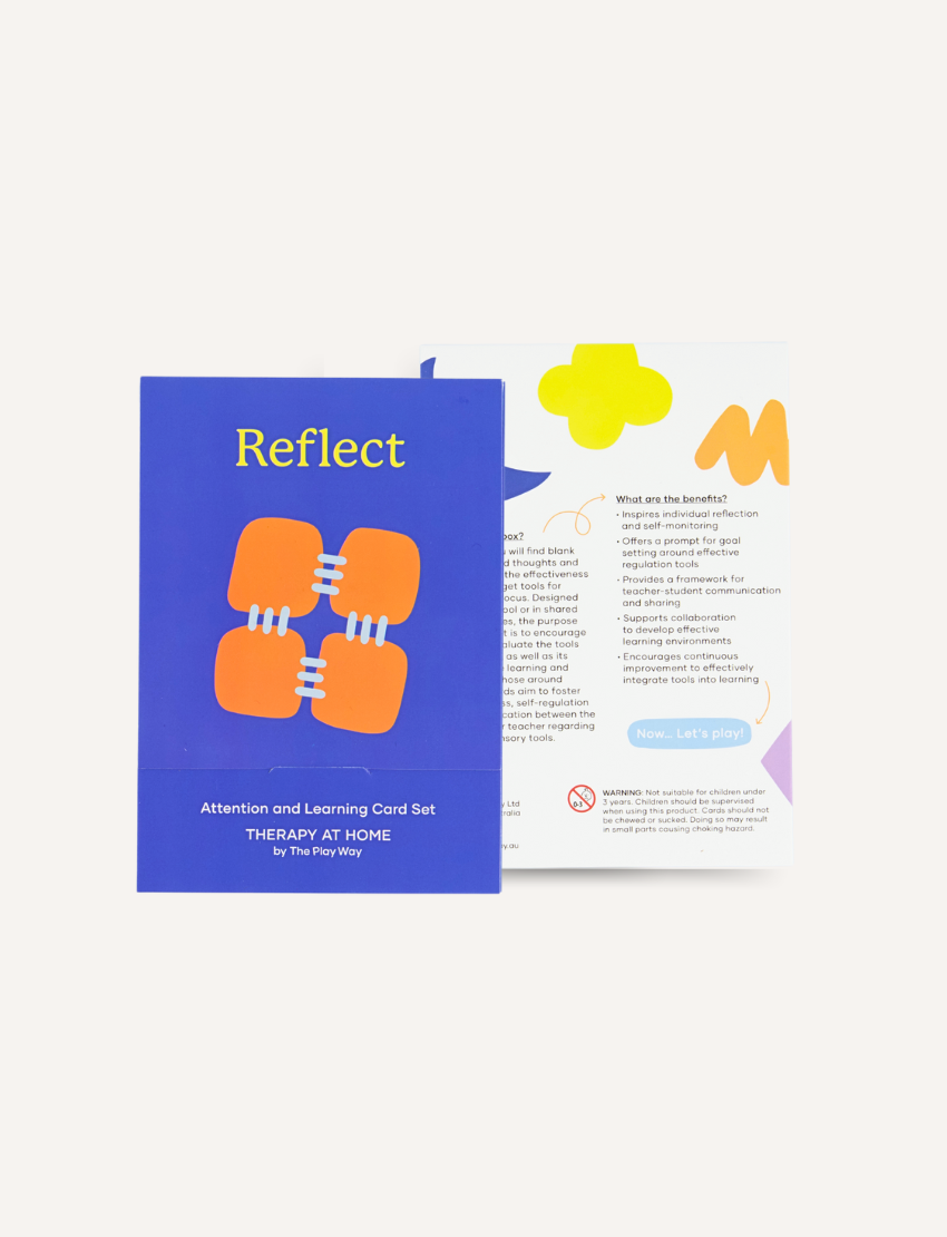 Sensory Play Australia Reflect Attention & Learning Card Set. Blue box with orange puzzle pieces for children's emotional regulation & focus.