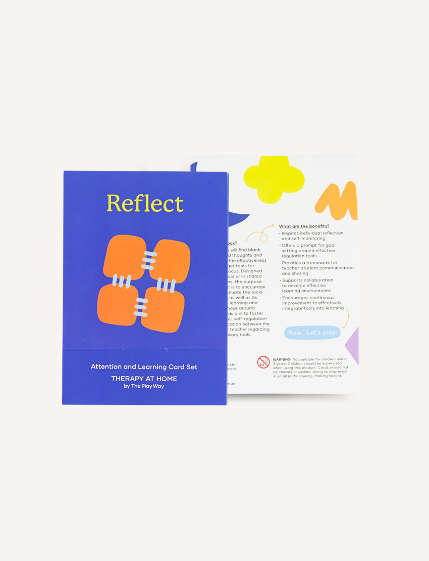 A blue card titled "Reflection Card Set - Attention & Learning" from Sensory Play Australia, featuring an orange interlocking squares design, is displayed in front of an informational brochure outlining the benefits, including self-awareness and emotional regulation, as well as usage instructions for the card set.