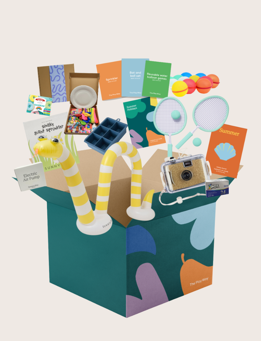 The Therapy At Home Summer Holidays Program comes in a green box with colorful abstract shapes and includes rackets, a camera, an ice cube tray for water play, craft supplies, cards, an air pump, and activity booklets—all neatly displayed upright.
