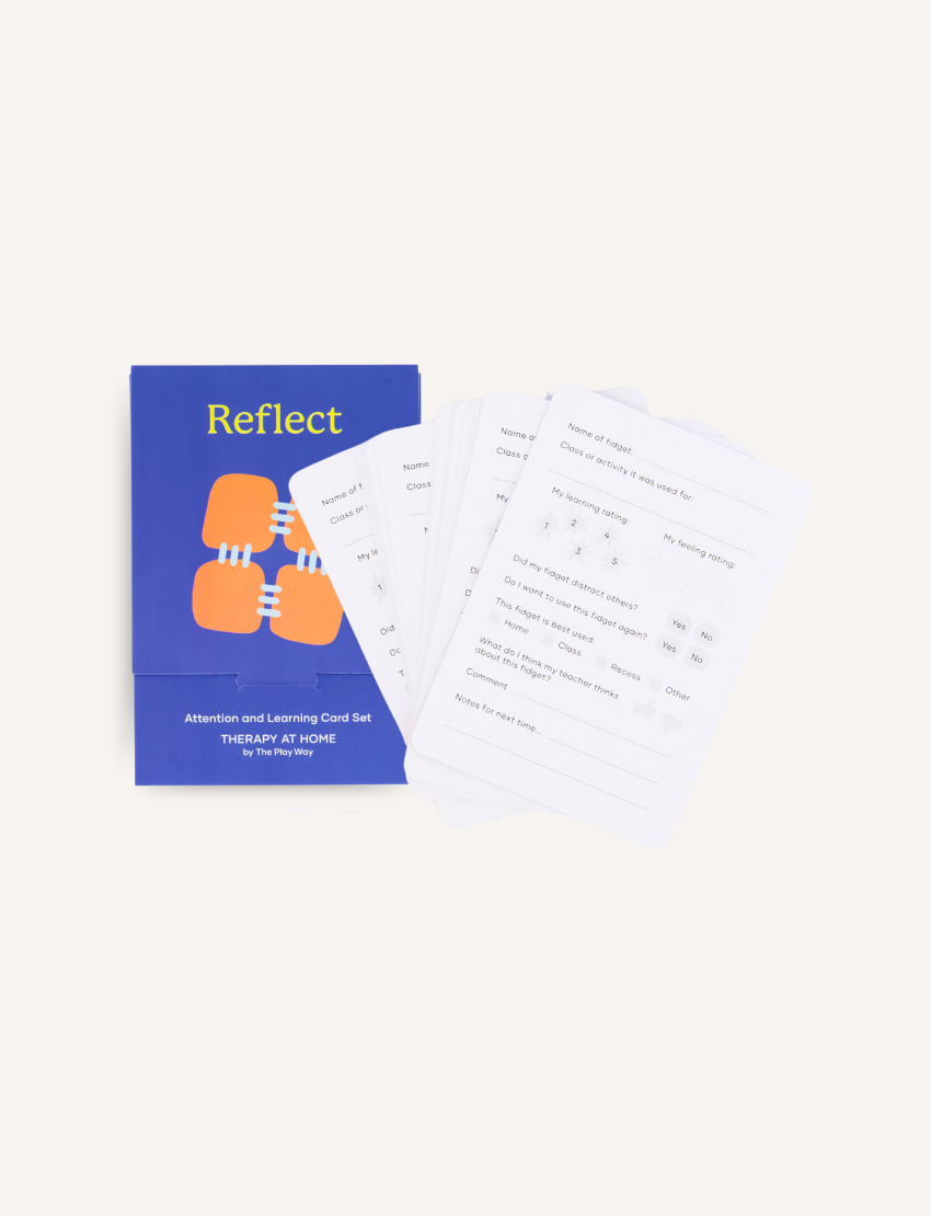 A blue card titled "Reflection Card Set - Attention & Learning" from Sensory Play Australia, featuring an orange interlocking squares design, is displayed in front of an informational brochure outlining the benefits, including self-awareness and emotional regulation, as well as usage instructions for the card set.