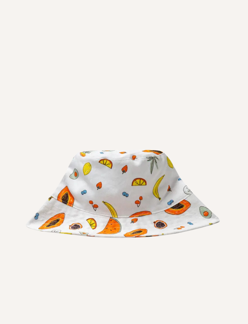 The IZIMINI Cotton Baby Hat is a vibrant bucket hat with a floral print of pink, orange, blue, and green leaves on white. Perfect for outdoor adventures with its wide brim and rounded top, it offers stylish sun protection.