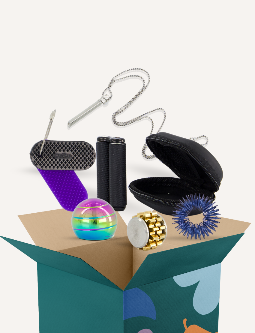 A compact black zippered case, included in the Kaiko Regulation Fidgets Bundle from Kaiko, holds an assortment of accessories designed for sensory regulation and tension relief. The contents are organized neatly and include a purple silicone tag, keychain hooks, a purple ring, a black cylindrical item, and a patterned button.