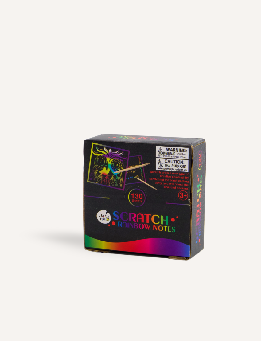 Small black box with 'SCRATCH RAINBOW NOTES' & owl graphic, warnings.
