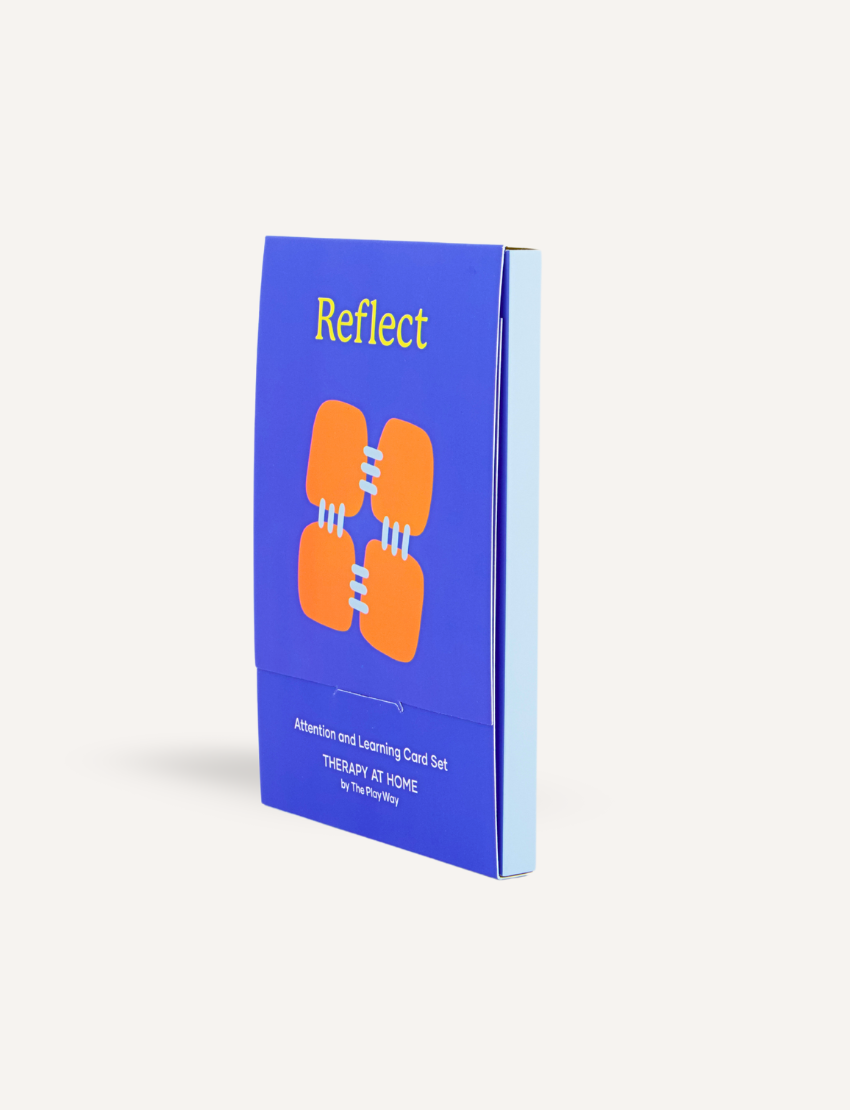 A blue card titled "Reflection Card Set - Attention & Learning" from Sensory Play Australia, featuring an orange interlocking squares design, is displayed in front of an informational brochure outlining the benefits, including self-awareness and emotional regulation, as well as usage instructions for the card set.