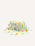 The IZIMINI Cotton Baby Hat is a vibrant bucket hat with a floral print of pink, orange, blue, and green leaves on white. Perfect for outdoor adventures with its wide brim and rounded top, it offers stylish sun protection.