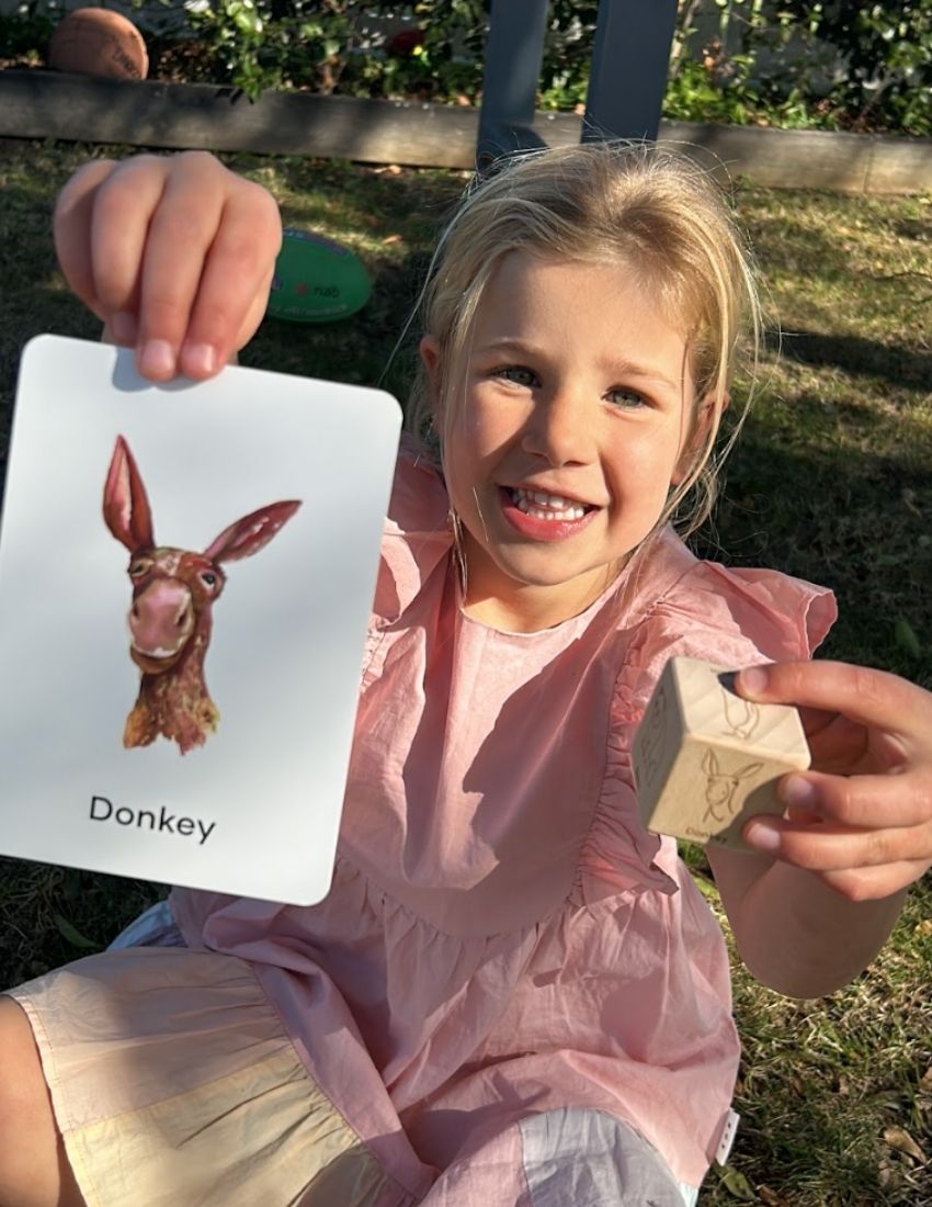 The "Animal Walk Card and Dice set" from Sensory Play Australia includes cards featuring illustrations of a frog, a crab, and an elephant, as well as two wooden dice. Each face of the dice displays engravings of different animals, such as a penguin and an elephant, encouraging imaginative physical activity for kids.