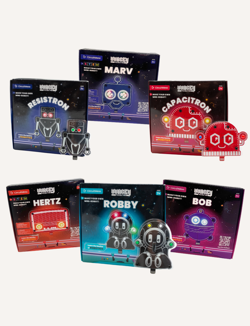 Wacky Wacky Robots DIY Mini-Robot kits: Resistron, Marv, Capacitron, Hertz, Robby, Bob.