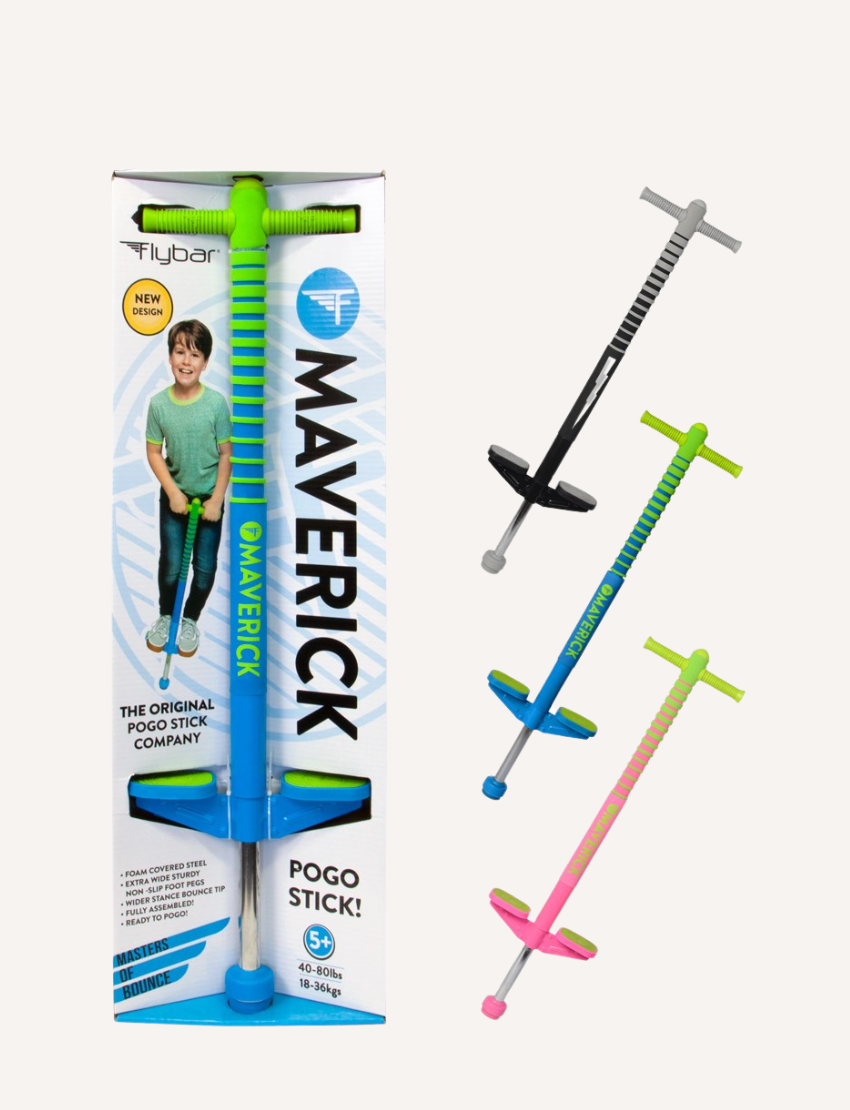 A vibrant display shows four foam-covered pogo sticks, including the "Maverick Pogo" by Flybar. The main stick is blue and green, ideal for outdoor fun, with a child pictured on the box. Three smaller sticks appear in black, blue, and pink.