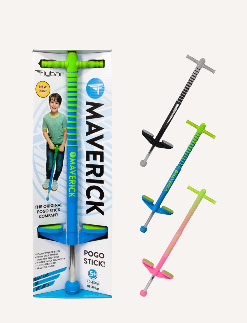 Flybar Maverick pogo stick for kids (ages 5+, 40-80 lbs). Blue/green in box with boy. Black & pink variants displayed. New design, durable.