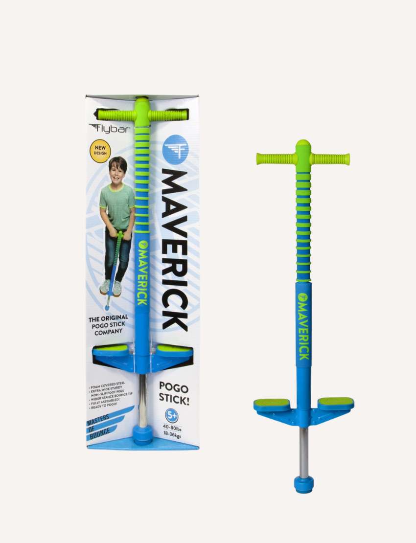 A vibrant display shows four foam-covered pogo sticks, including the "Maverick Pogo" by Flybar. The main stick is blue and green, ideal for outdoor fun, with a child pictured on the box. Three smaller sticks appear in black, blue, and pink.