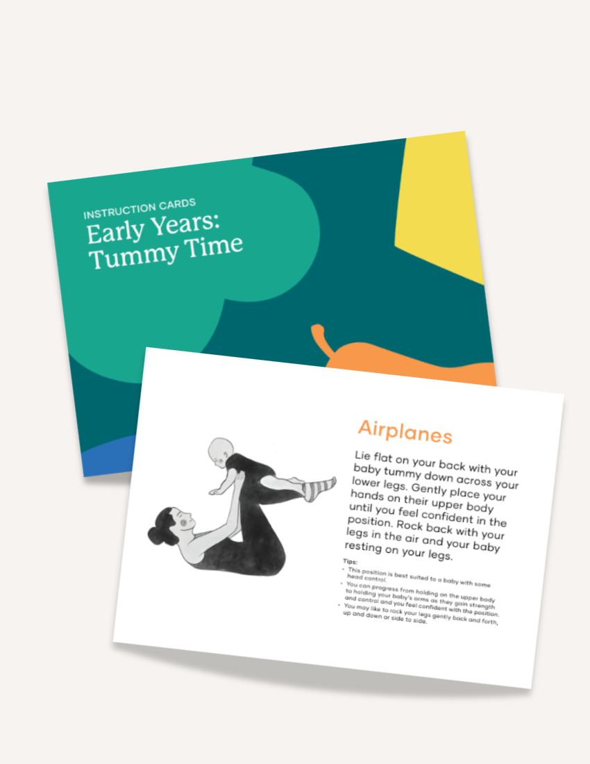 Two cards from The Play Way's Early Years: Tummy Time Instruction Cards Set are shown. The front card is a guide titled "Early Years: Tummy Time" featuring green and blue sections with an orange illustration. The back card, titled "Airplanes," includes a black and white illustration of an adult playing with a baby, along with instructions for tummy time exercises.