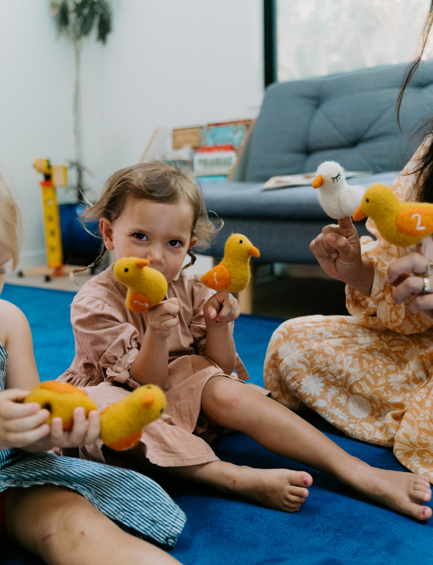 The Five Little Ducks Finger Puppet Set by Sensory Play Australia features six colorful felt duck puppets, numbered 2-7 with orange beaks, surrounding a gray card with a white duck illustration—ideal for engaging children's learning.