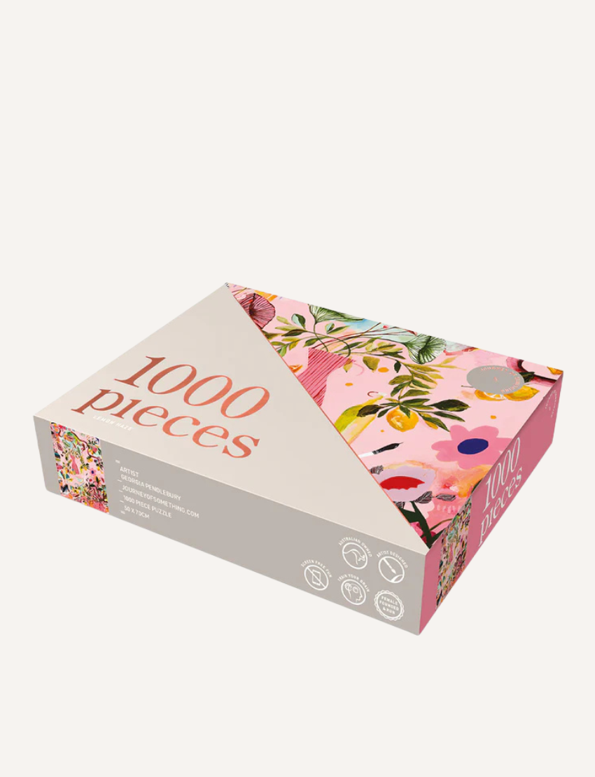 The 1000 Piece Puzzle by Journey of Something features vibrant abstract designs with pink, green, and yellow—ideal for brain training.