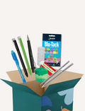 A Stationery Kit by The Play Way is housed in an open teal box with a decorative design. This kit includes various items designed to enhance fine motor skills, such as pens, pencils, a blue pen with a case, a sharpener, an eraser, Bostik Blu-Tack, and rolls of white tape. Some items are depicted floating above the box.