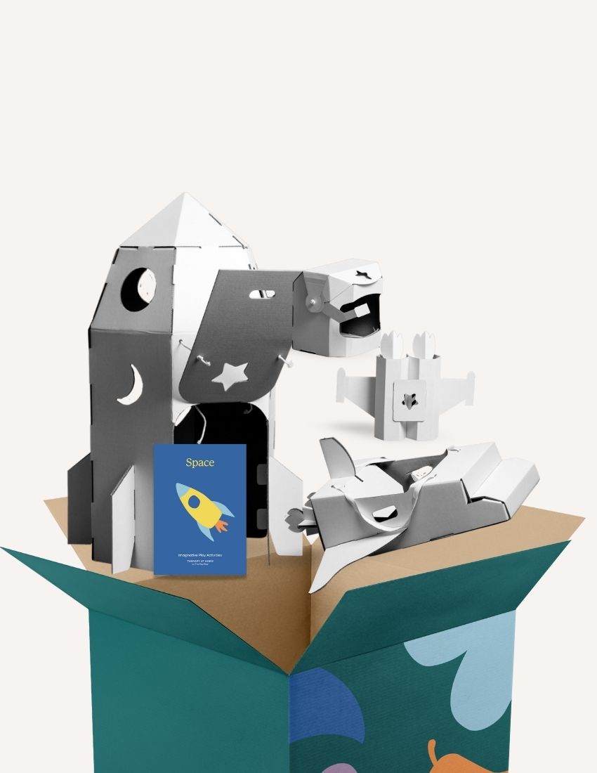 Cardboard Space Station kit with rocket, shuttle & small craft, plus "Space" activity card.