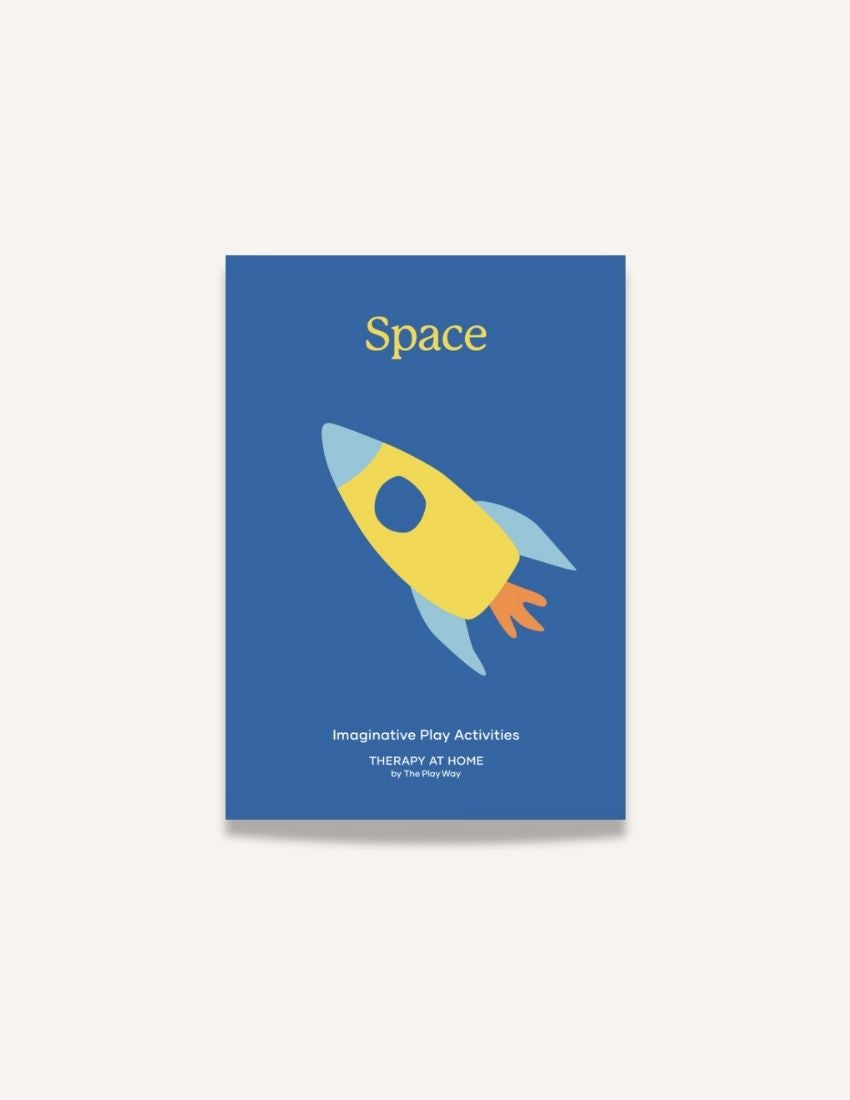 A colorful cardboard box from The Play Way contains a Space Kit, perfect for engaging in space-themed activities. Inside, assembled cardboard pieces form a rocket, a small spaceship, and an astronaut helmet. A booklet titled "Space," adorned with a rocket illustration, is included at the front of the kit to facilitate imaginative play.