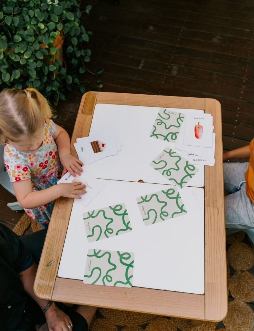 The Play Way's Family Meal and Food Sharing Kit features a cardboard box with a colorful design that opens to reveal various items, including a compartmentalized plastic tray, two sculpting tools, a set of food memory cards for sensory play, and a small box containing multicolored rubber bands.