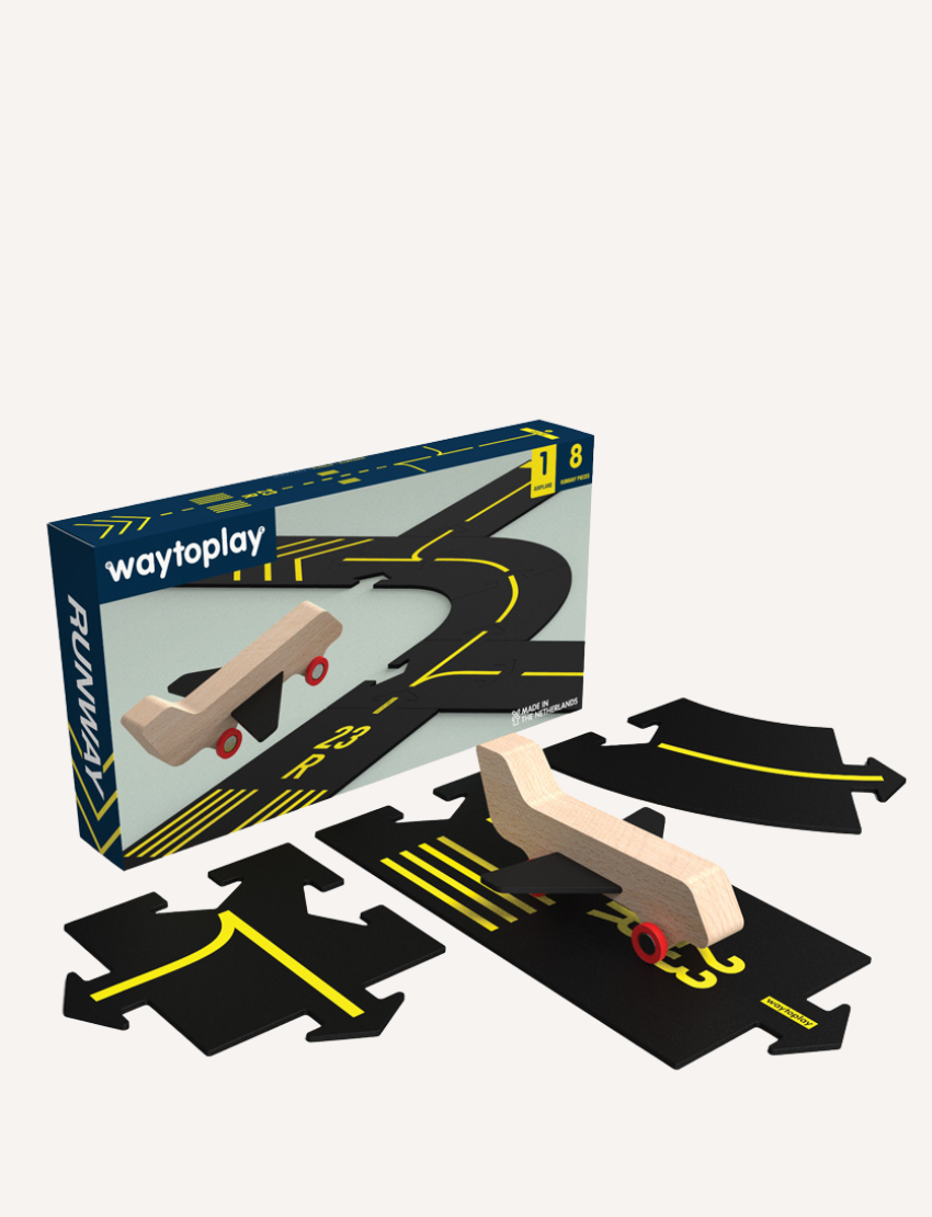 A set featuring Waytoplay's "Runway" includes a wooden toy airplane along with multiple interlocking black road pieces adorned with yellow markings. The display depicts a runway path, and the packaging showcases an illustration of the assembled product.