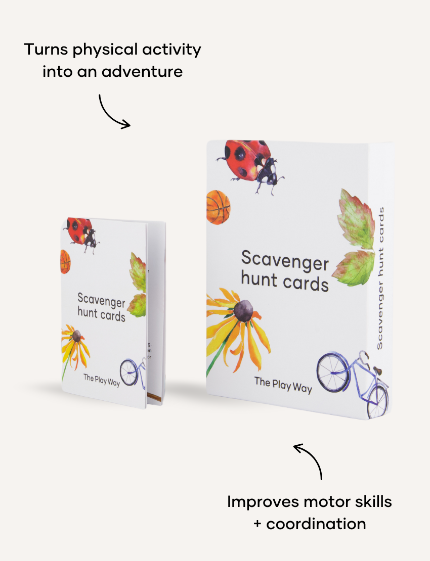 Two boxes of the "Scavenger Hunt Card Set" by Sensory Play Australia are displayed. The larger box is positioned upright, with the smaller one sitting slightly in front. This set includes illustrations of a ladybug, leaf, flower, and bicycle designed to inspire physical activity and enhance gross motor skills.