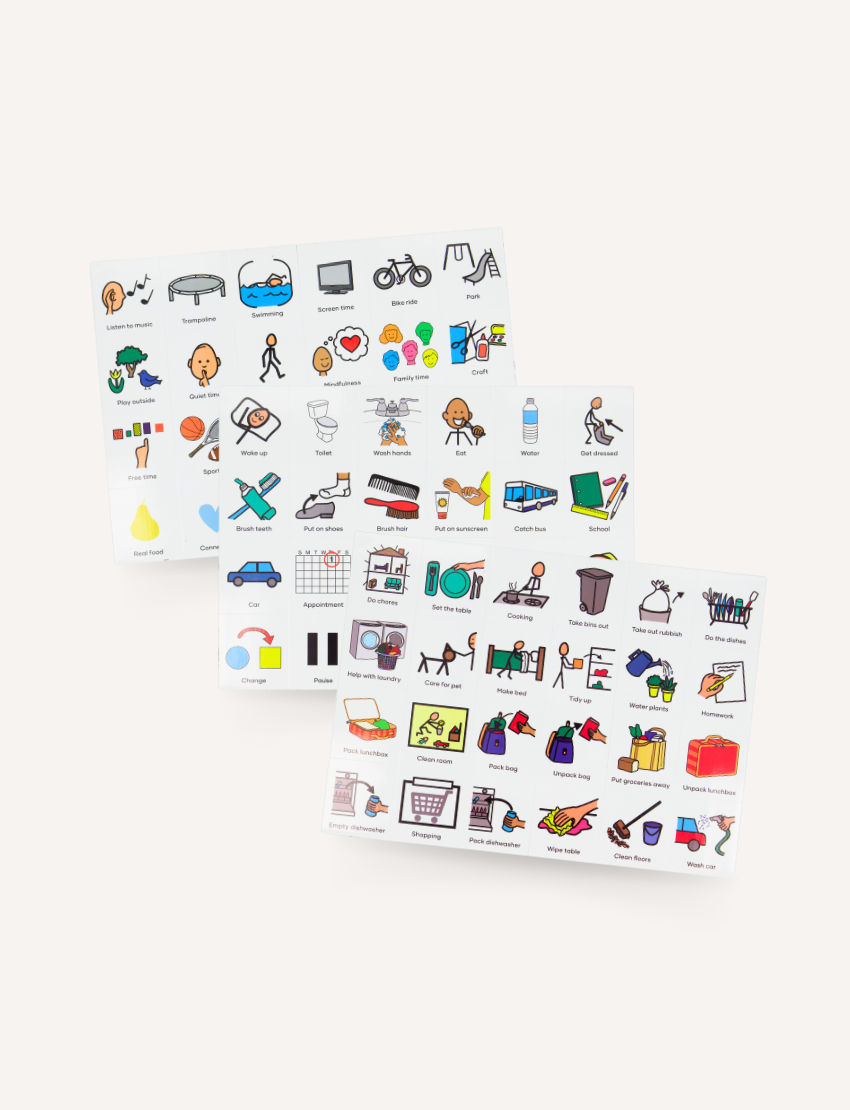 The Routines Magnetic Visual Set by Sensory Play Australia includes three sheets of visual aids with colorful icons representing objects, activities, and actions. Topics covered include transportation, household chores, exercise, and communication. The sheets are arranged at different angles and partially overlap each other.