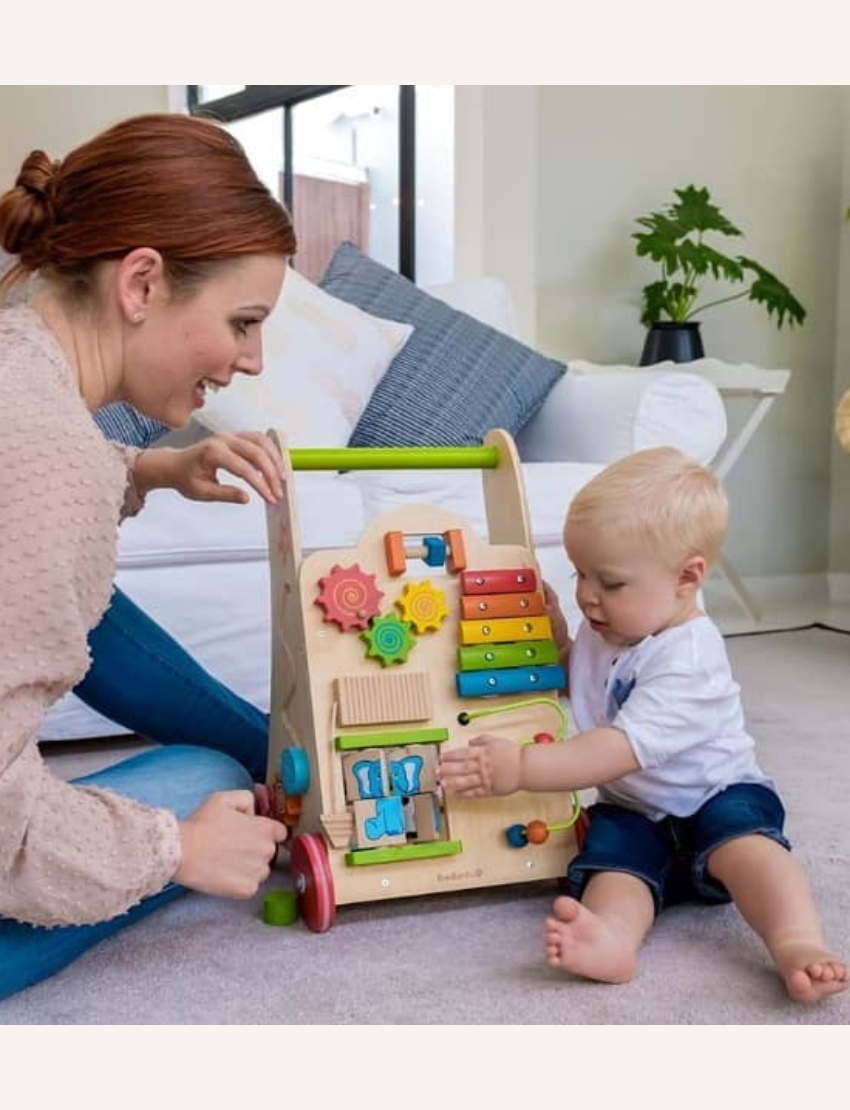 The EverEarth Educational Activity Walker is a sustainable toy made of wood, featuring red wheels and a green handle. It has colorful gears, a bead maze, xylophone, small hammer, frog figure, and spinning shapes on the panel. All elements are crafted with non-toxic paints for safe play.