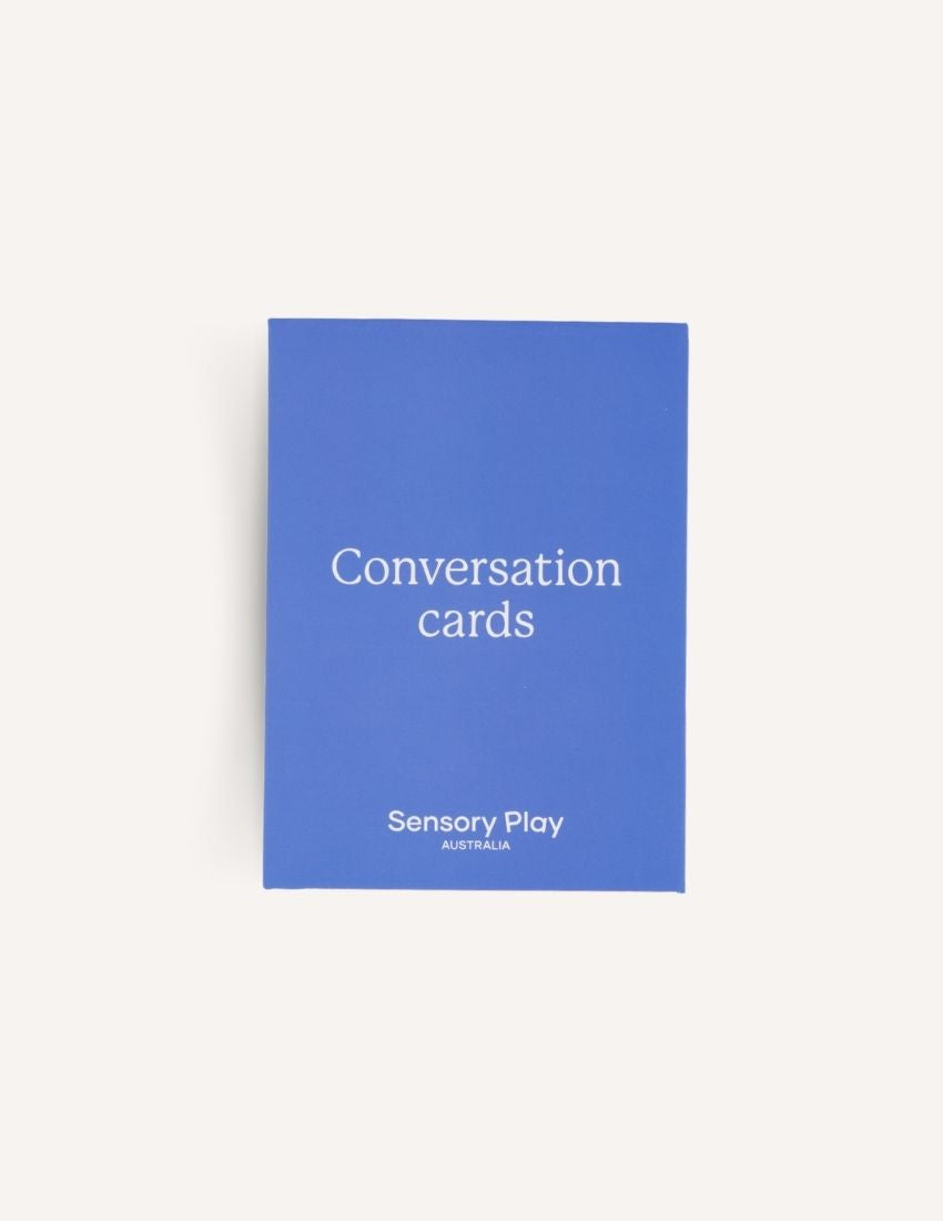 A blue box labeled "Conversation Cards Set in Box" with the text "Sensory Play Australia" at the bottom, designed to enhance emotional intelligence.