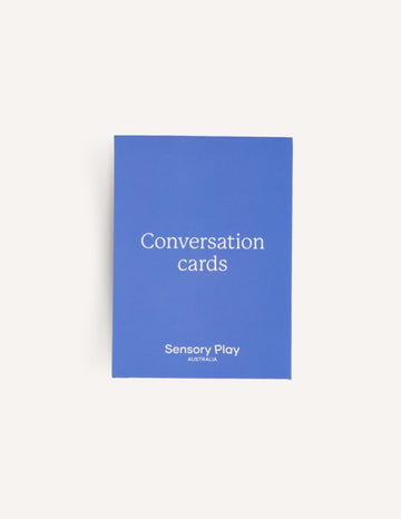 A blue box labeled "Conversation Cards Set in Box" with the text "Sensory Play Australia" at the bottom, designed to enhance emotional intelligence.