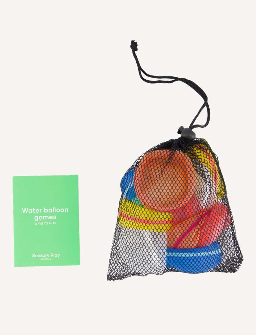 A white rectangular box with colorful circles features the text "Reusable Water Balloons" prominently. The eco-friendly package by Sensory Play Australia is set against a simple, light background.