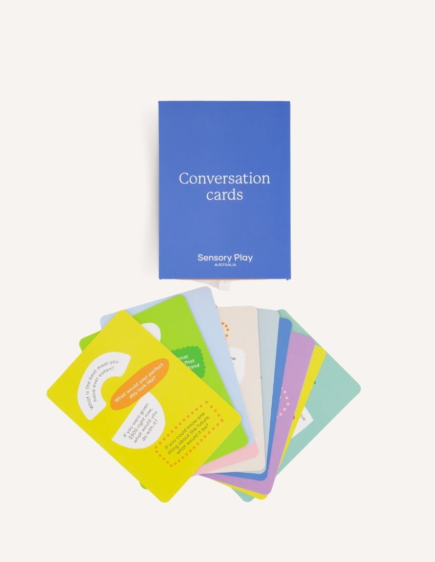 A blue box labeled "Conversation Cards Set in Box" with the text "Sensory Play Australia" at the bottom, designed to enhance emotional intelligence.